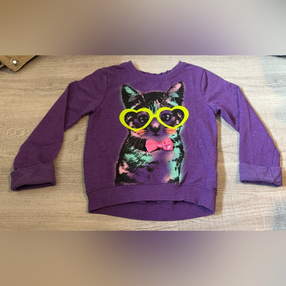 Self Esteem Purple Sweater Cat Wearing Neon Glasses w/3D Pink Bow Detail Size 6X
